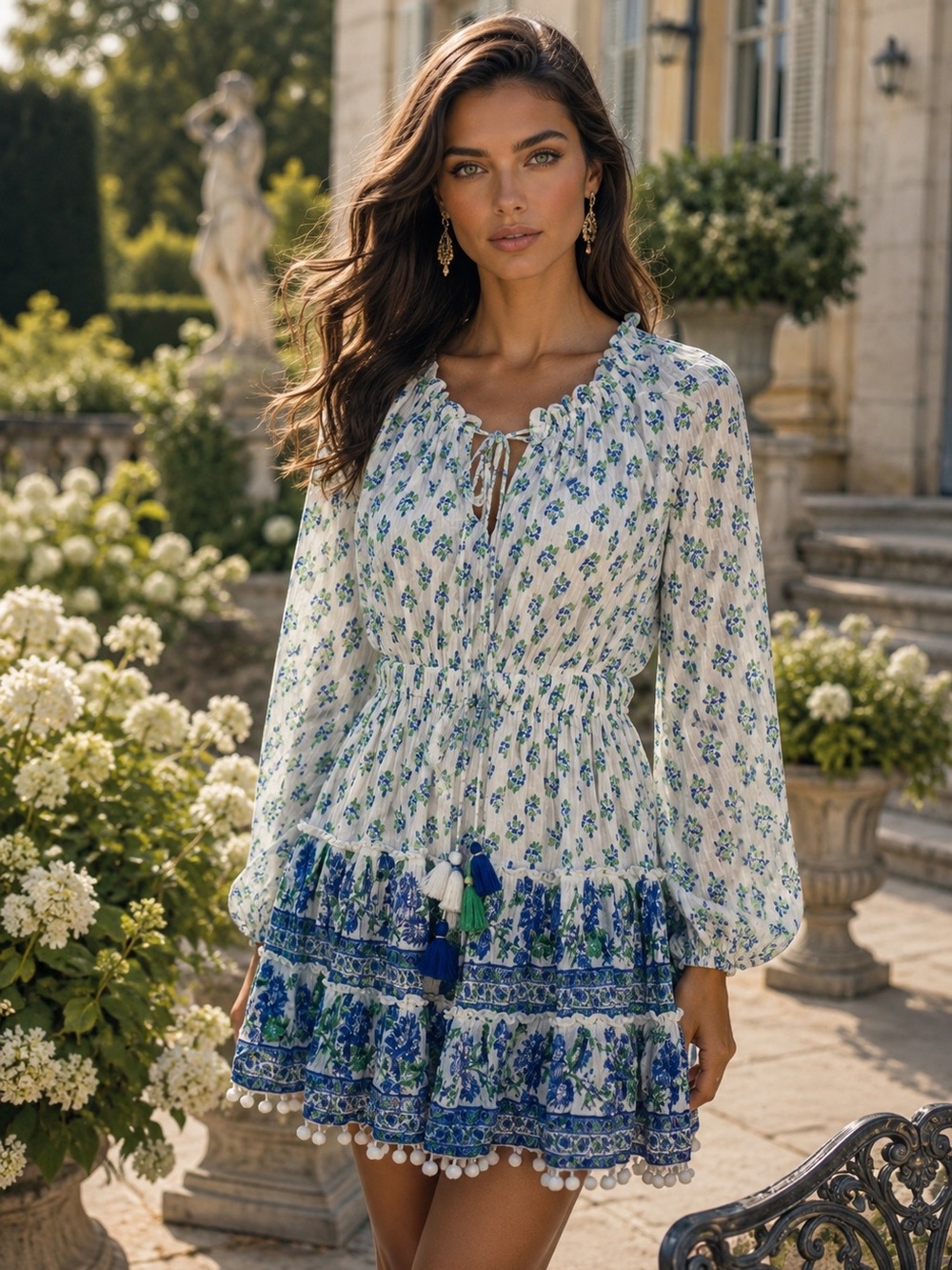 🏝️☀️Blue and White Floral Smocked Mini Dress with Tassel Detail